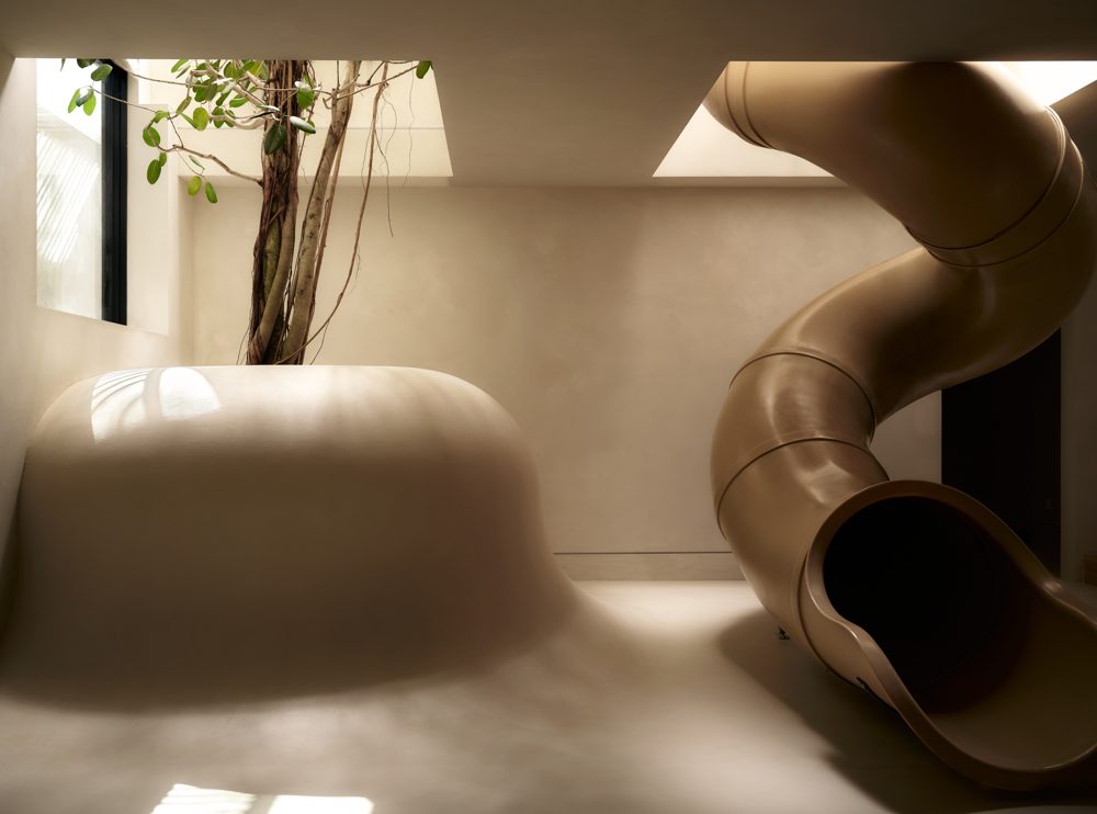 An indoor plaster slide curling down beside a tree in a light well