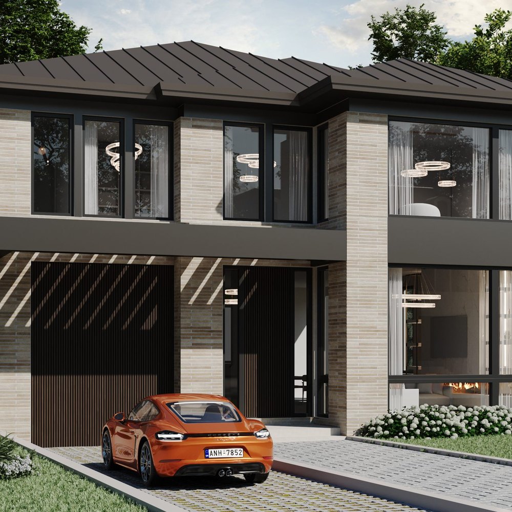 Rendering of a modern brick house with a black standing-seam roof and a wood-slat garage