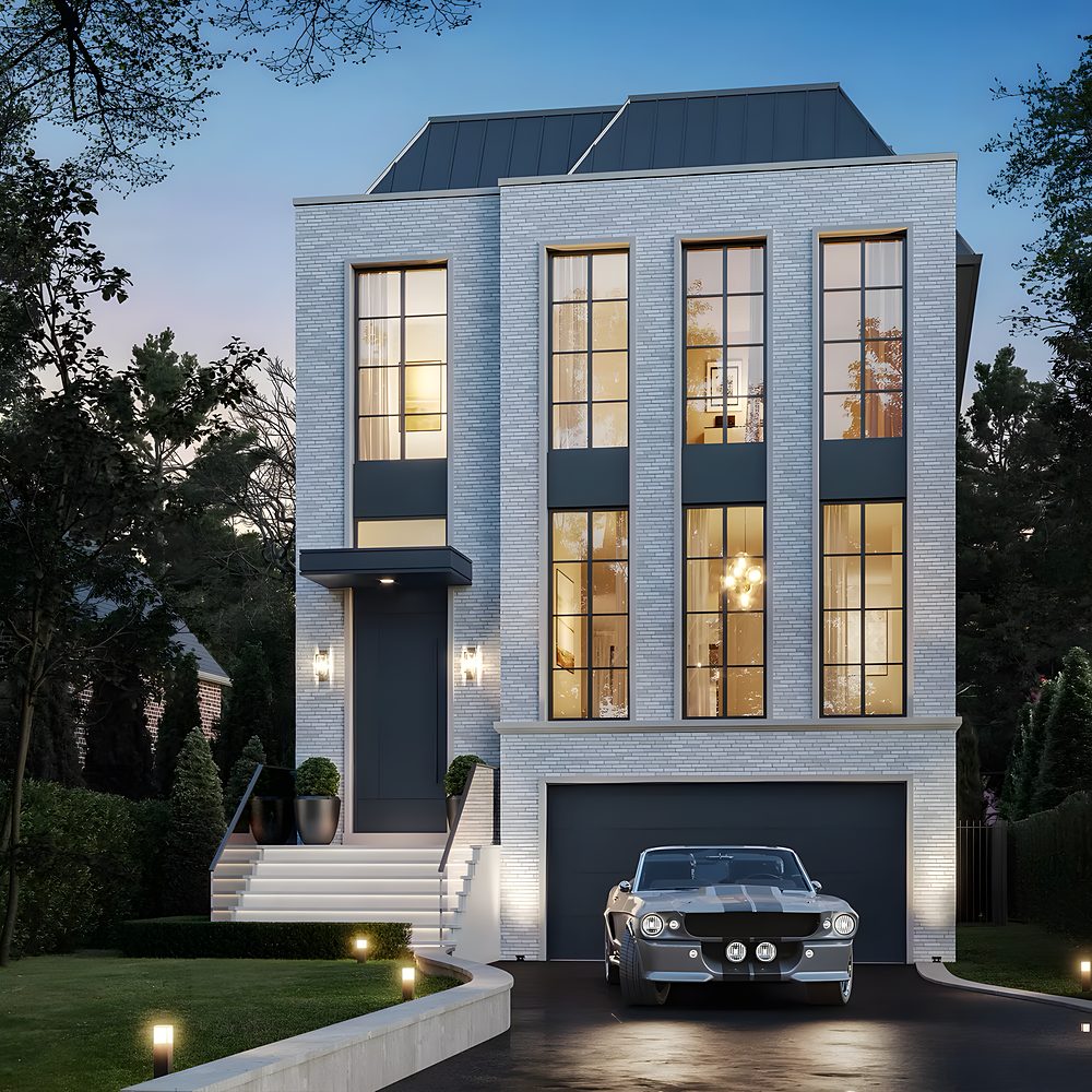 Rendering of a three-storey grey-brick house with tall black windows at dusk