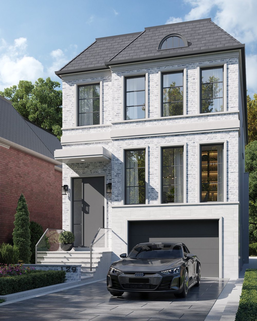 Rendering of a three-storey white-brick house with black windows and a mansard roof