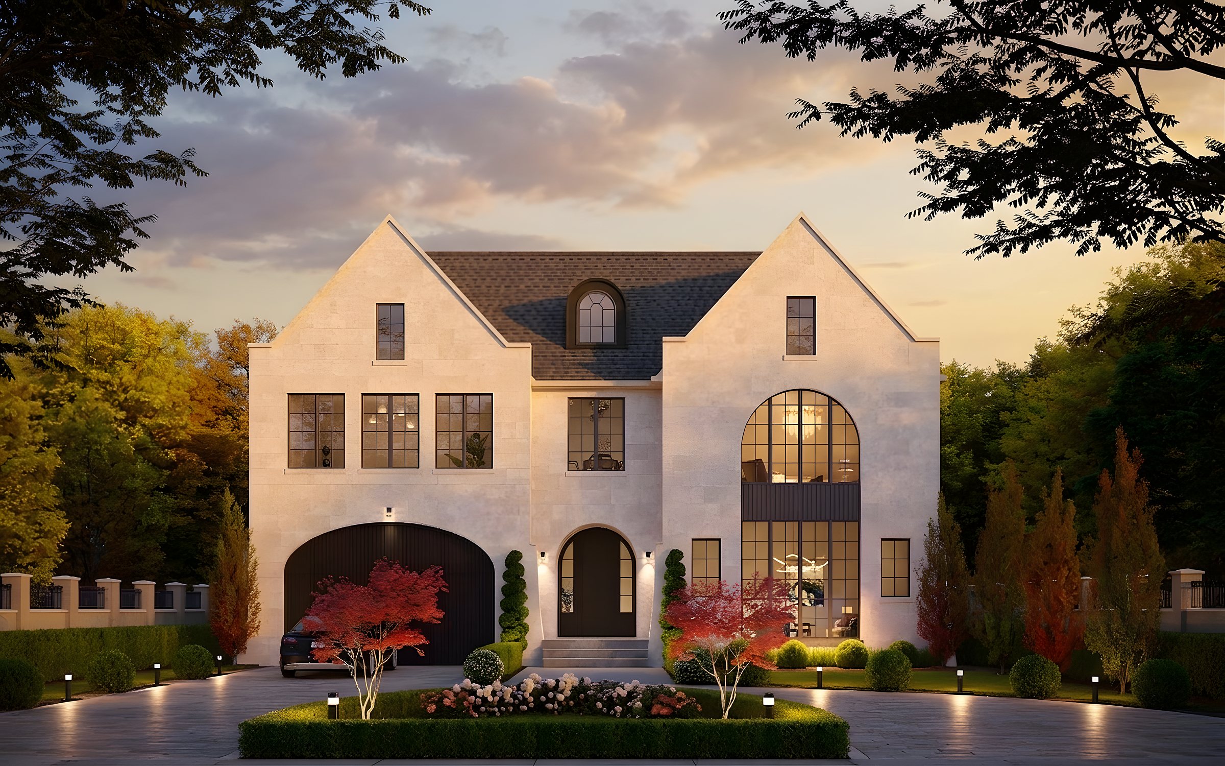 A limestone house with twin gables and an arched entry at dusk, its windows lit